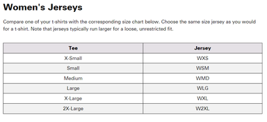 ANSWER Womens Jerseys Size Chart